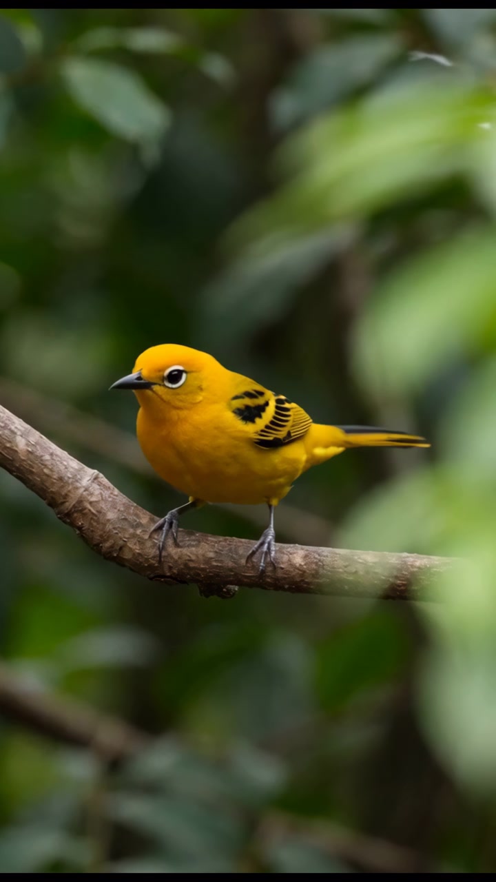 Pequeno pássaro canoro amarelo descansando em um galho de árvore diagonal, cercado por folhagem verde suave em um ambiente de floresta calma com luz natural difusa.