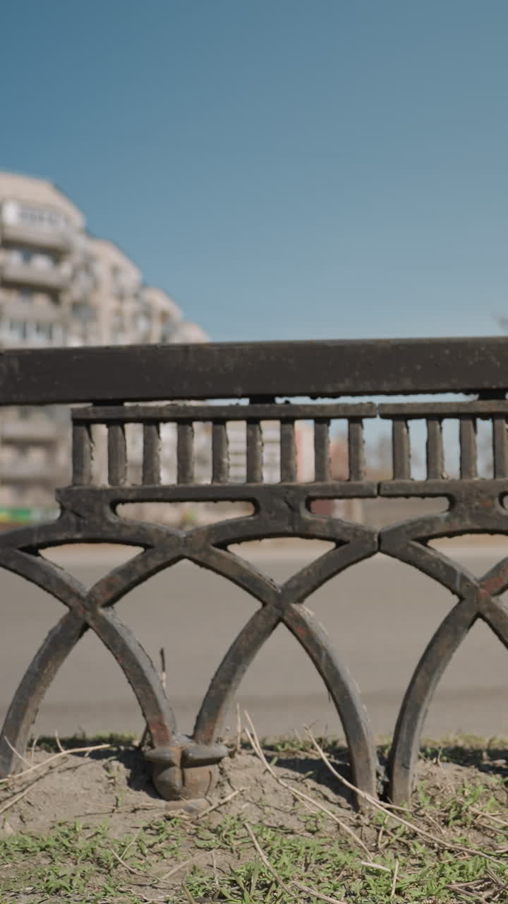 vista cercana de una intrincada valla metálica con un aspecto desgastado, que muestra patrones detallados, con coches que pasan