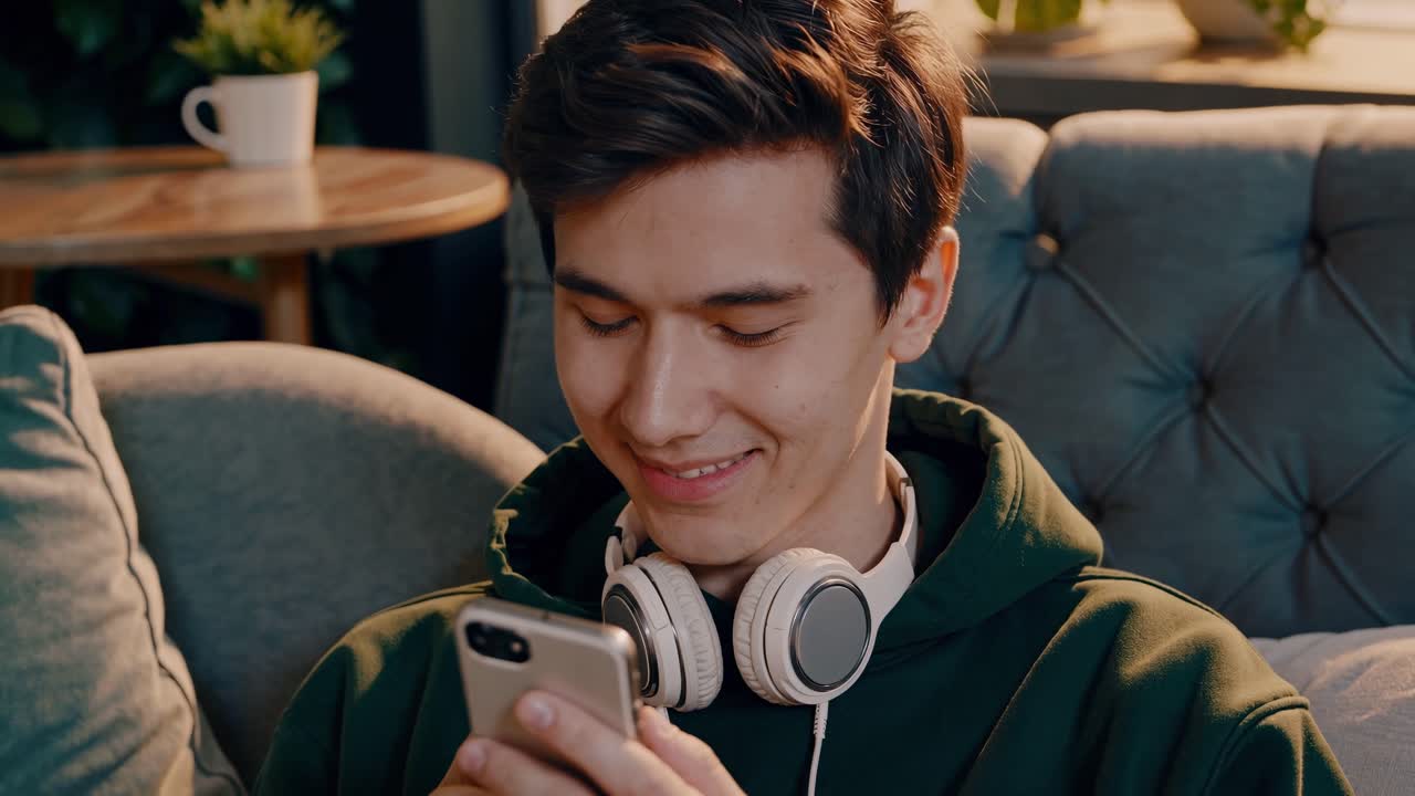 무선 인터넷을 즐기는 고객, 현대적인 카페에서 플러시 소파에 누워, 편안한 미소와 캐주얼한 행동으로 스마트폰을 사용합니다.