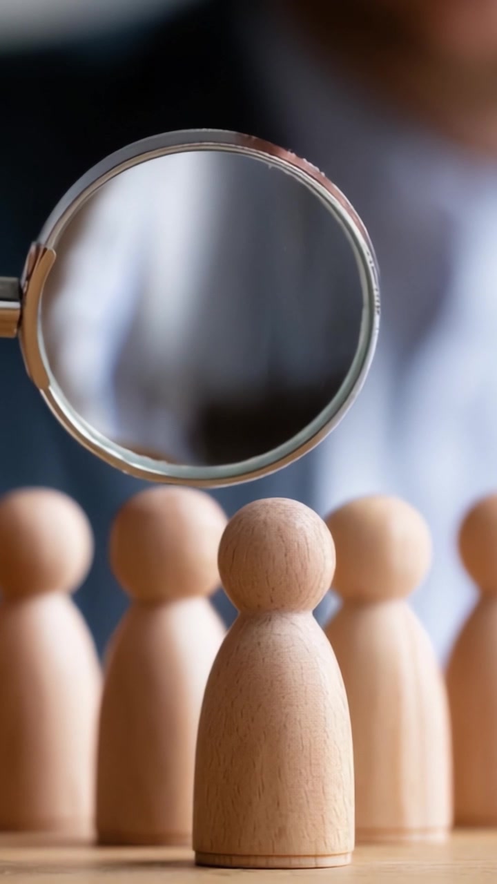 Magnifying Glass Focusing on Wooden Figurine Among Group, Representing Attention, Analysis, and Observation in Decision-Making Processes