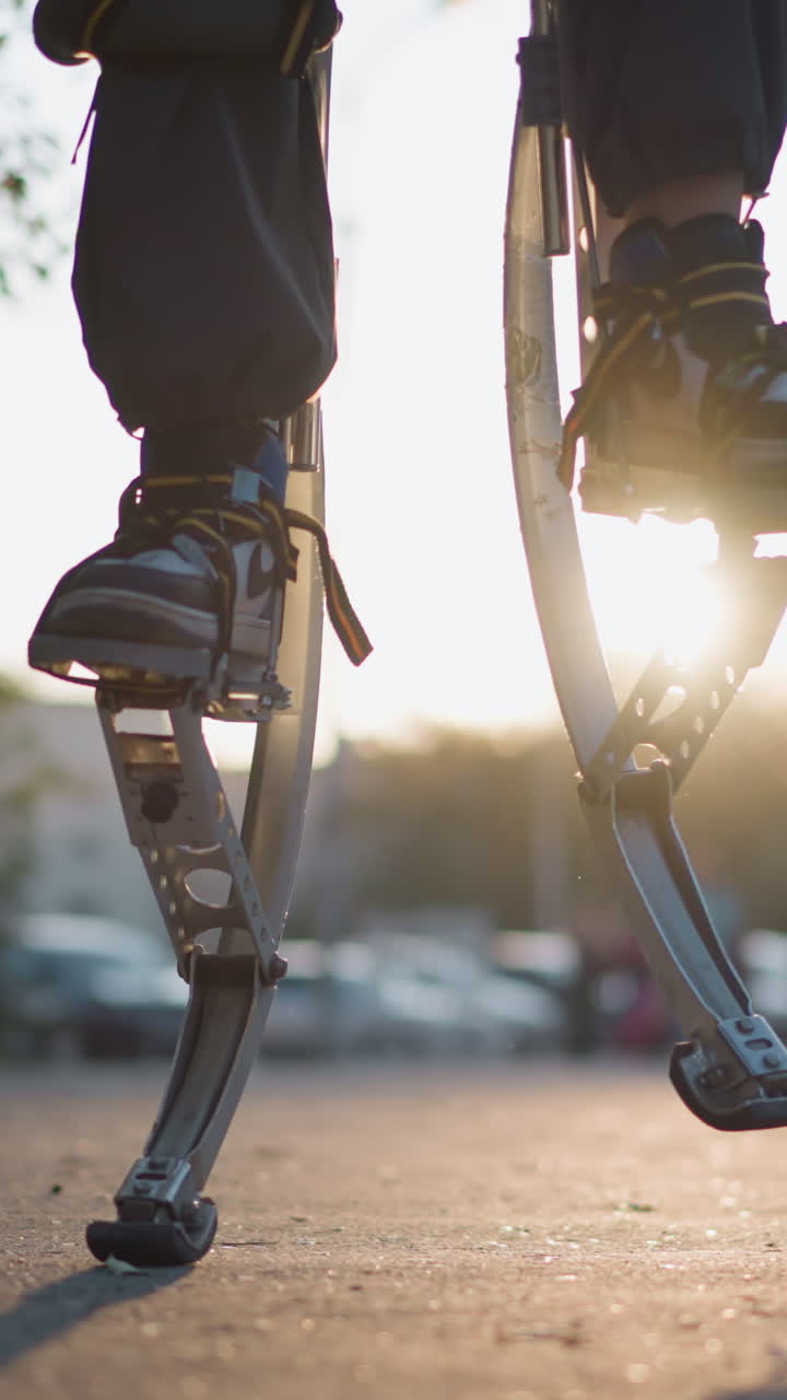 Close-up view of legs on spring stilts walking in an outdoor urban setting with blurred parked cars, greenery, and shadows in the background. The person wears dark sneakers and pants