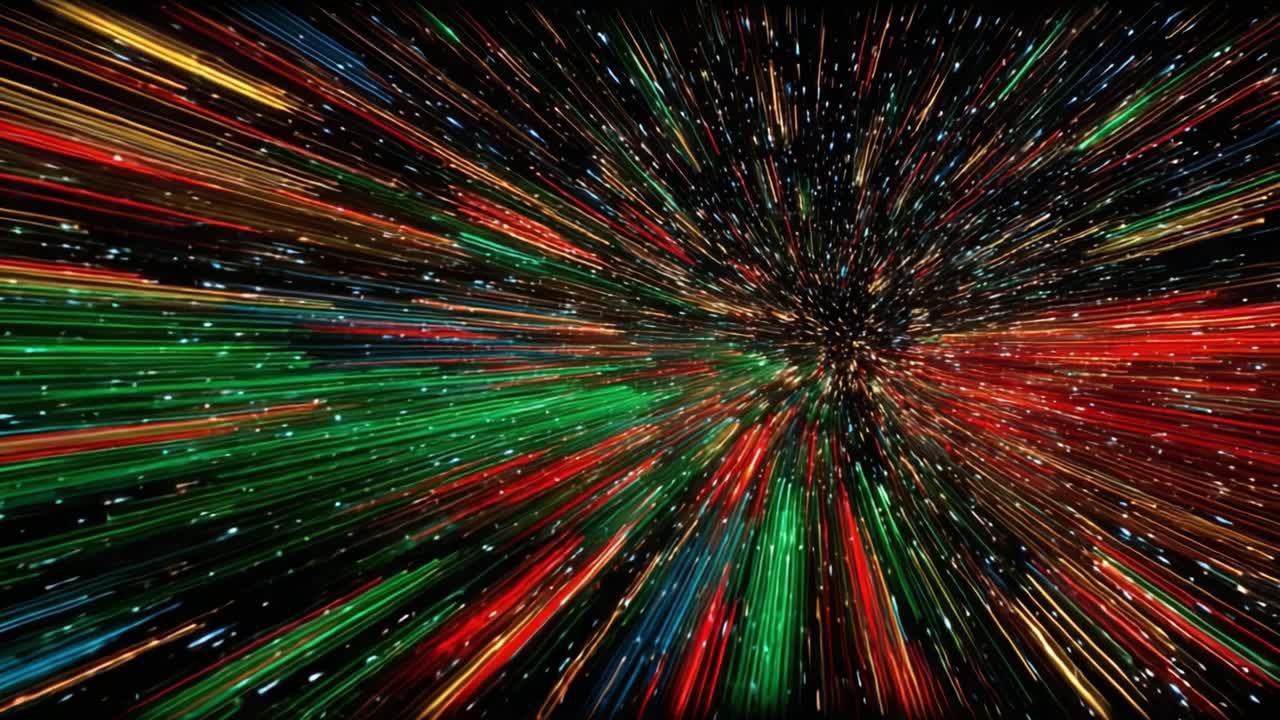 A mesmerizing burst of colorful light beams radiates outward in a stunning visual display, illustrating the dynamic and vibrant effects of particle motion in a cosmic setting