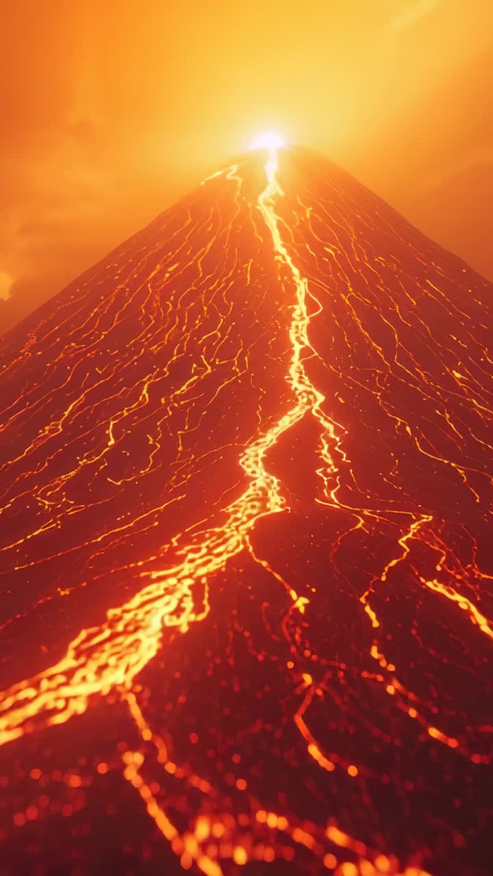 Vertical video: Pressure rising sparking volcano erupting lava on cone, with glowing channels
