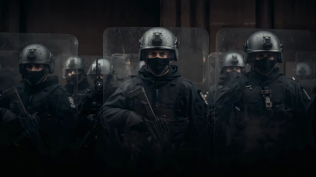Camera framing officers in dark tactical gear holding shields and rifles for crowd control in hall