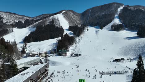 static medium shot of bottom of ski run, skiers arriving at base of mountain lining up for the chairlifts