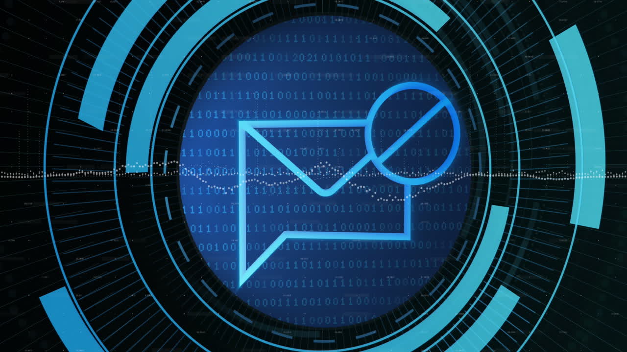Animation of envelope and stop sign in loading circles over graphs with numbers on black background
