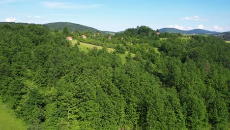 aerial view of green forest, meadows and village houses on zlatibor mountain, serbia