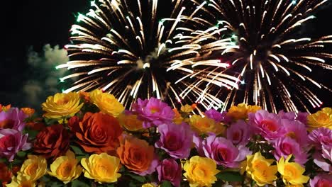 colorful fireworks display over roses at night