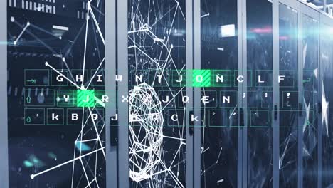 animación del teclado virtual, las redes plexus y el punto de luz contra la sala de servidores de la computadora