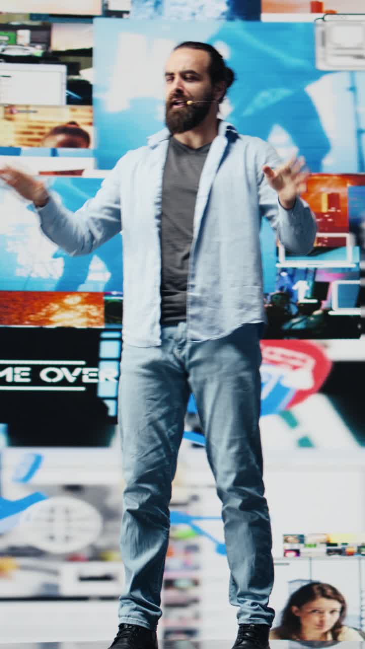 Vertical Video Social media manager delivering a live presentation with a microphone