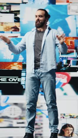 vertical video social media manager delivering a live presentation with a microphone