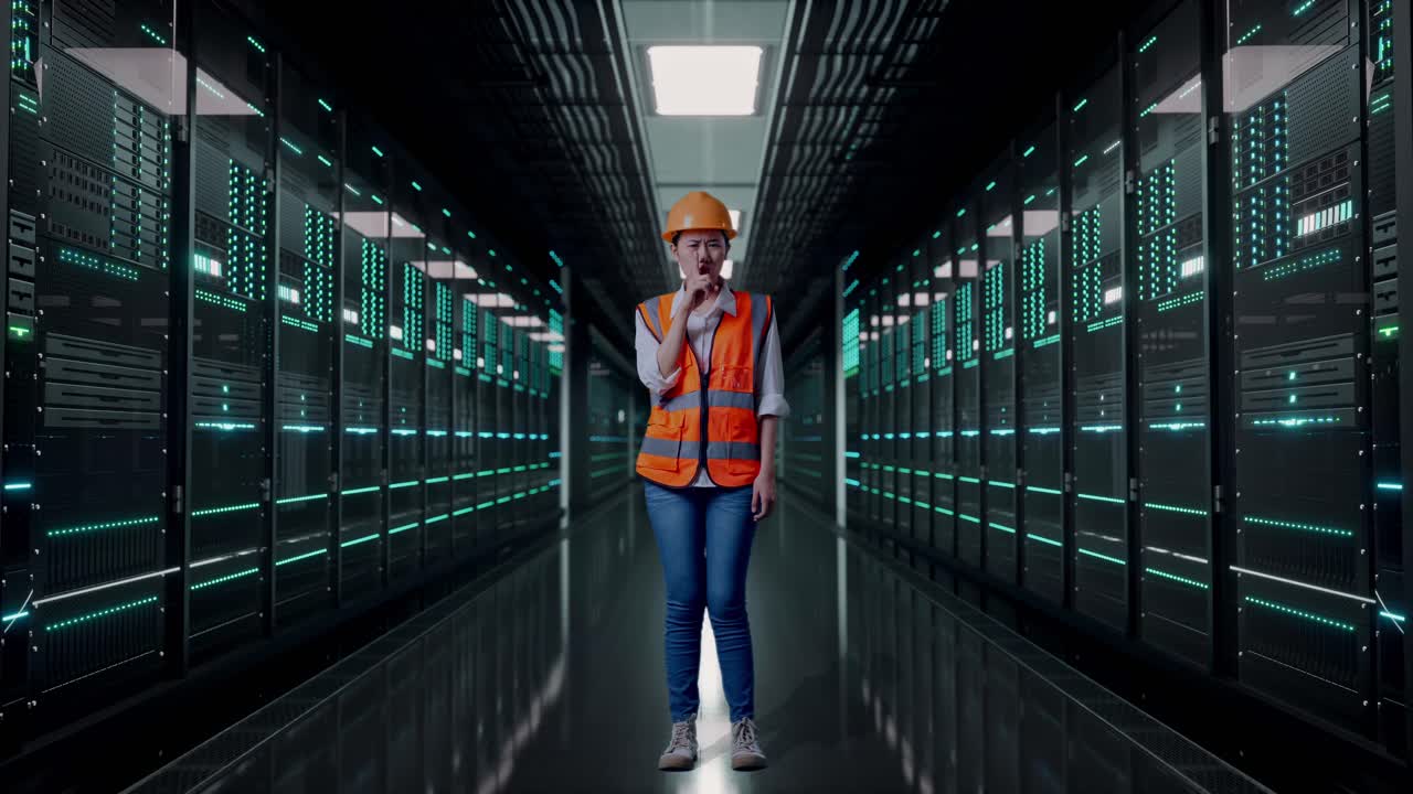 Full Body Of Asian Female Engineer With Safety Helmet Making Shh Gesture While Standing in Server Room Data Center