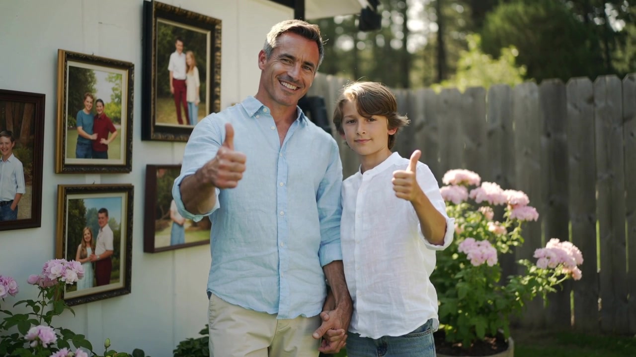 Filmando pai e filho de mãos dadas, fazendo sinal de positivo em um quintal com retratos, vestindo camisas azuis e brancas.