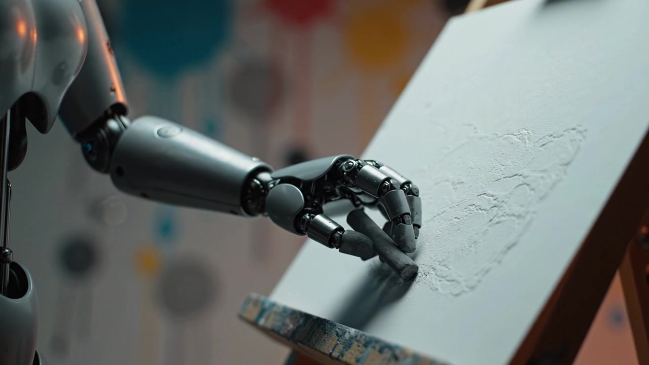 En robothånd skaber dygtigt kunst på et lærred, hvilket viser skæringspunktet mellem teknologi og kreativitet i en fængslende visuel præsentation.