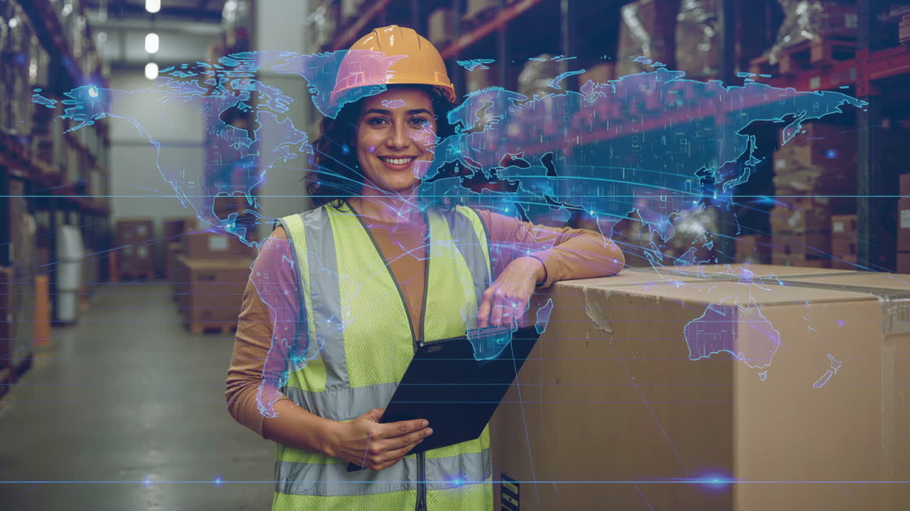 Woman working in a warehouse with global logistics network overlay