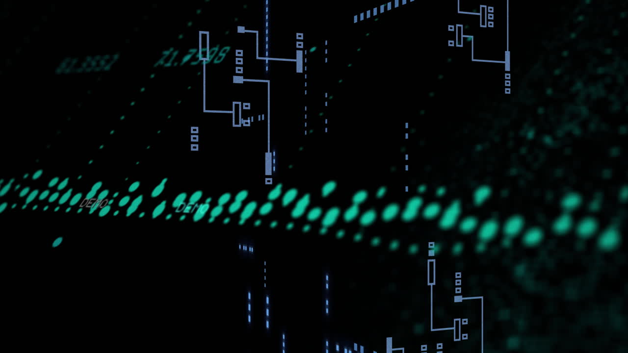 Animation of digital data processing over circuit board on black background