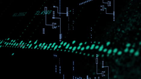 animation of digital data processing over circuit board on black background