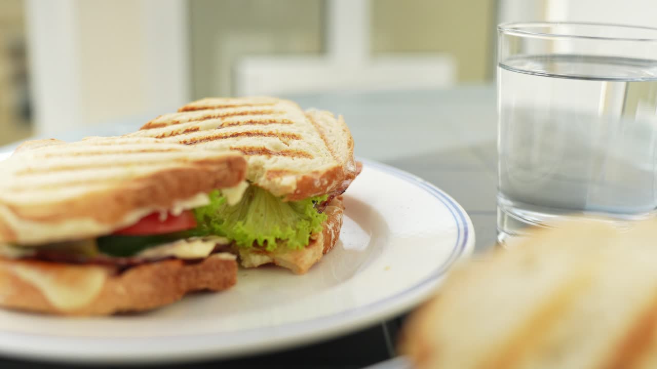 sándwich tostado con verduras y un vaso de agua, dinámico de primer plano de mano