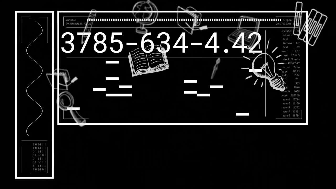 Animation of interface with data processing over school concept icons against black background