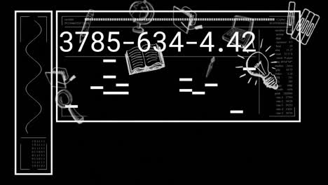 animation of interface with data processing over school concept icons against black background