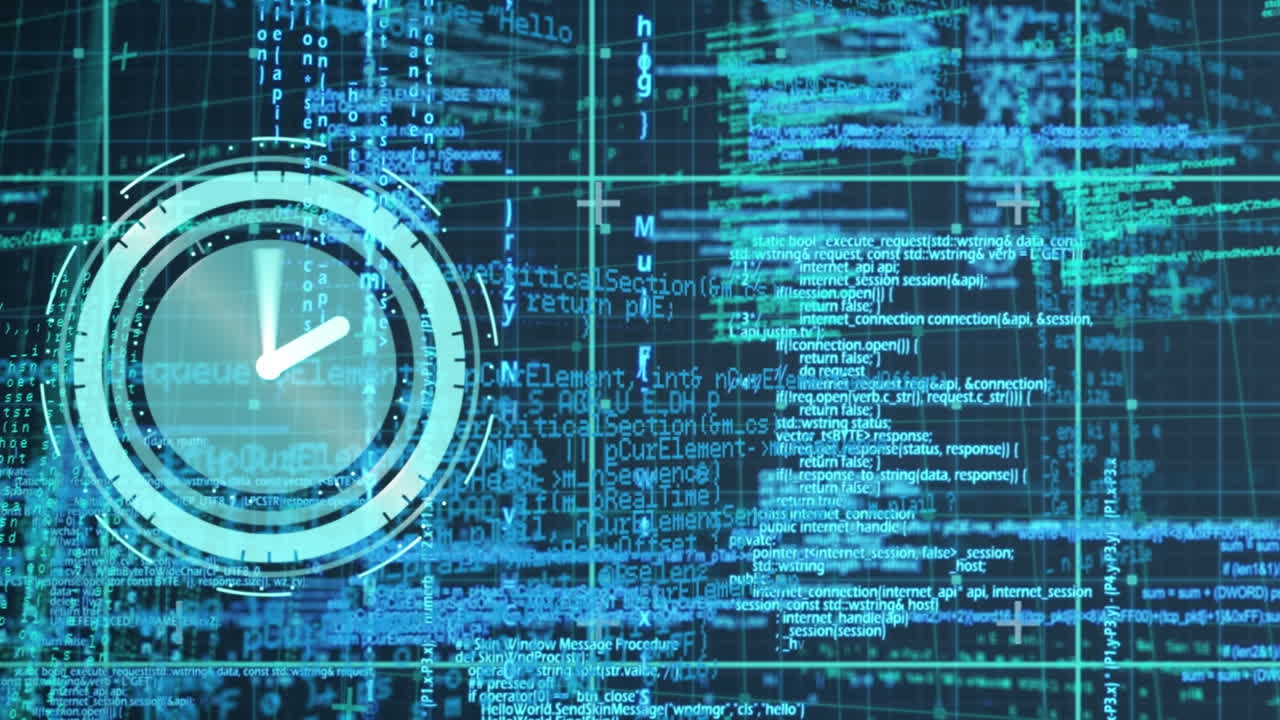 animación de reloj digital y lenguaje de programación y patrón de cuadrícula sobre fondo negro.