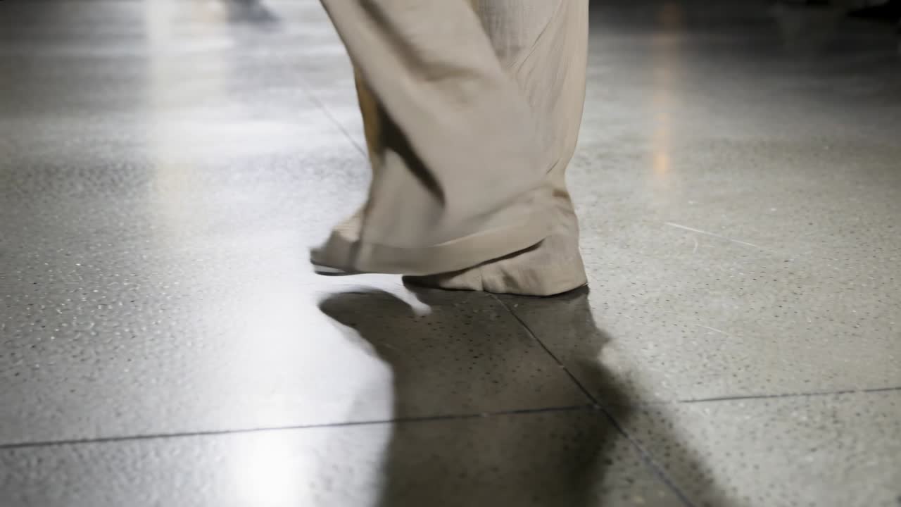 Walking model's legs moving to display loose beige trousers on runway floor with white shoes