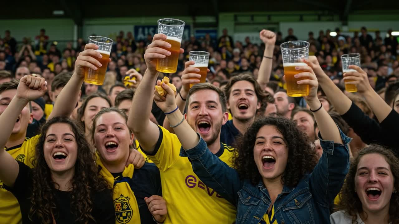 Excited Fans Celebrate Together, Raising Their Glasses and Cheering in Unison at a Vibrant Sporting Event, Capturing the Joy and Energy of the Moment