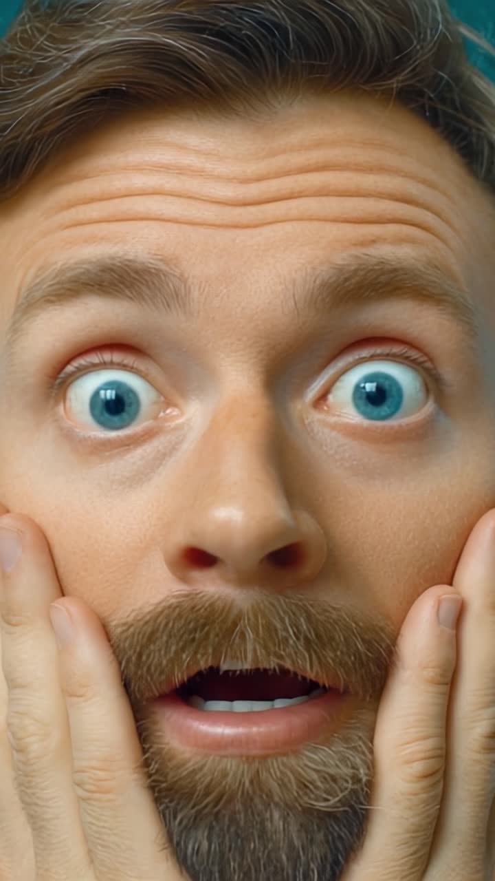 Astonished Expression: Captivating Reaction of a Man with a Beard, Wide Eyes, and an Open Mouth, Capturing a Moment of Surprise or Shock