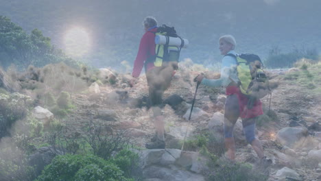 man leading woman hiking uphill on rocky trail, showing health graph and pulse icon