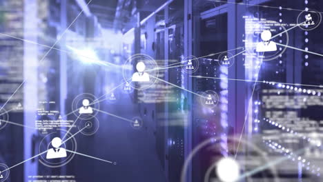 animation of network of connections with icons and data processing over computer servers