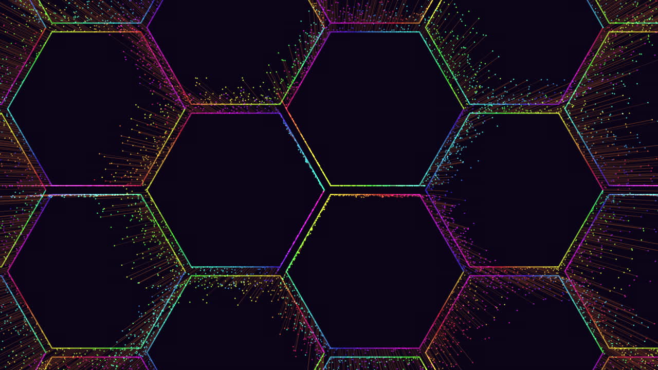 Abstract futuristic hexagon grid with colorful neon particle trails on dark background, ideal for technology, data, AI, cybersecurity, and digital network visuals