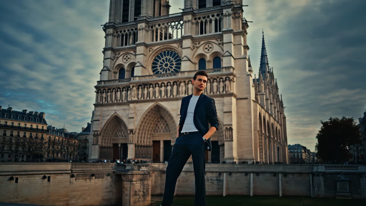 Stylish Man Posing in Front of Notre Dame Cathedral in Paris