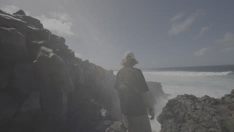 person standing on rocky coast, watching ocean waves