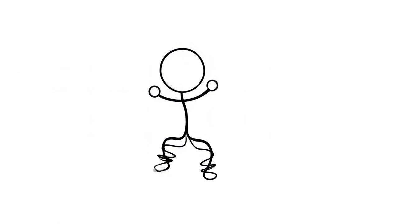 Simple outlined figure remains centered as its coiled legs alternately compress, stretch, and wobble beneath a round head and raised arms, creating rhythmic motion on plain white space.
