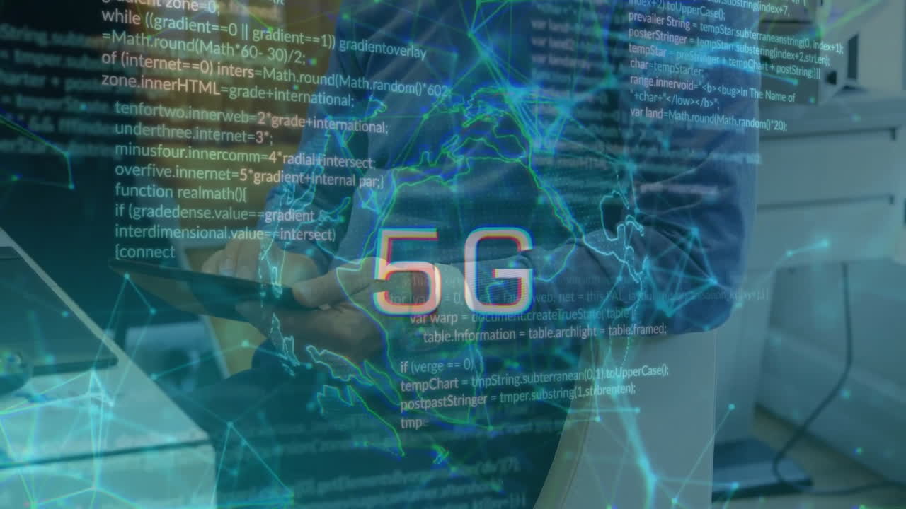 animación de texto 5g, red de conexiones a través de empresario caucásico con tableta