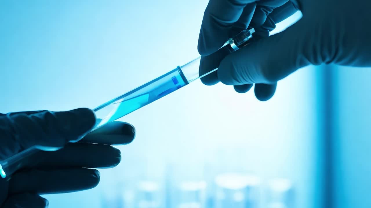 Primo piano di una mano che tiene una provetta con liquido blu