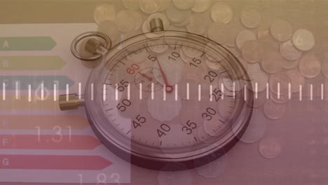 animación del procesamiento de datos sobre monedas y reloj móvil