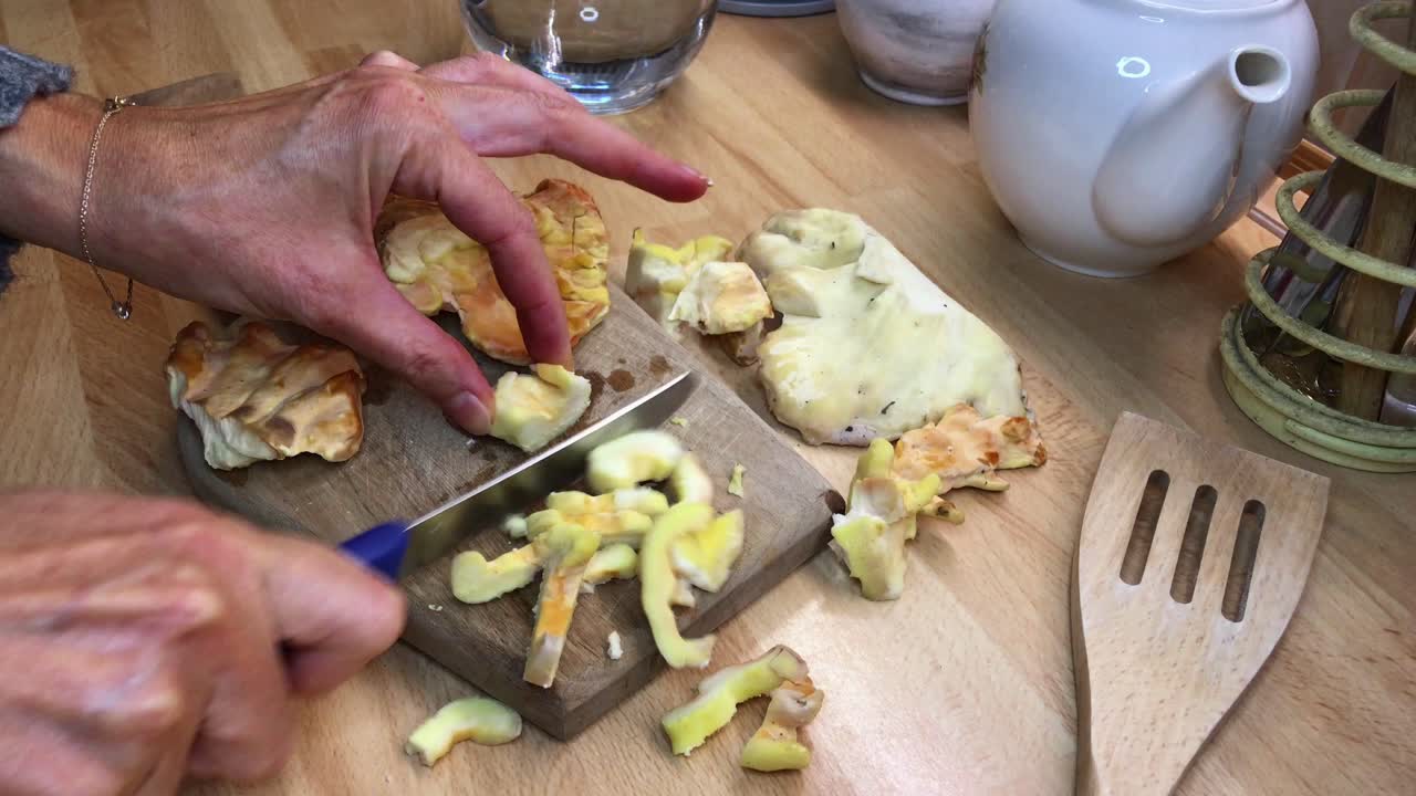 Macro zoom view of Slicing Fresh Wild Foraged Chicken of the Woods Mushroom