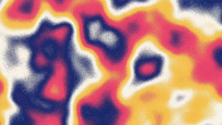 vibrant halftone hatching pattern features liquid organic shapes in pink, yellow, and blue that morph swirl and shift fluidly, loopable animation