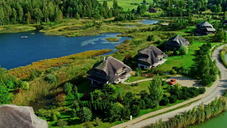 aerial fly traditional rooftop houses next to lake green pine forest at daylight