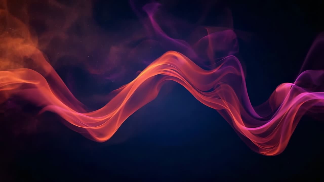 Animation starting, pulsing ribbon-like smoke wave across navy backdrop, with orange magenta haze