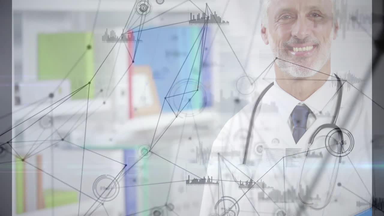 Doctor presenting health data in office, featuring stethoscope alongside animated network charts