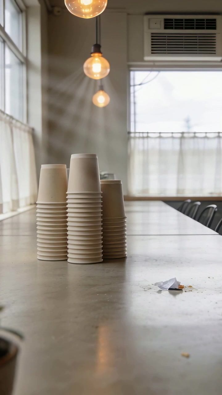 Vertical video: Pulling back lens revealing beige cup stacks on cafe table with warm bulb glow