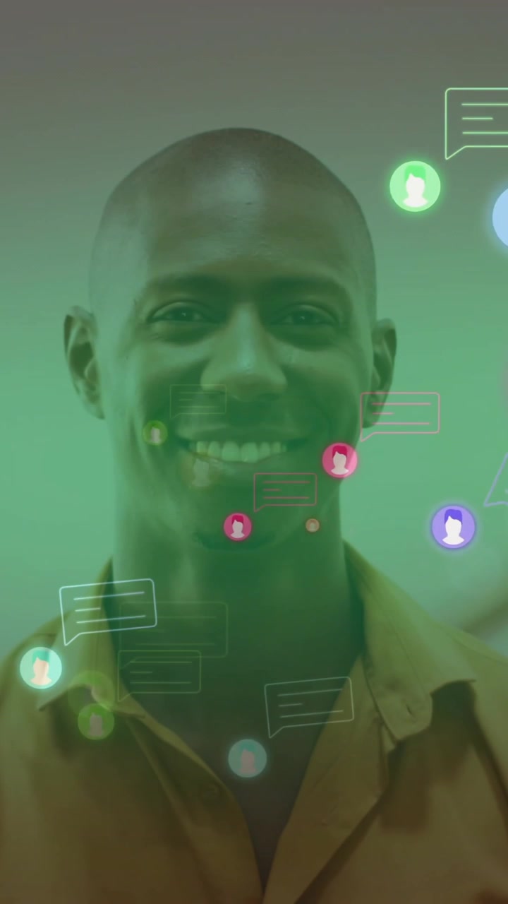 Smiling person surrounded by colorful chat icons and message bubbles animation