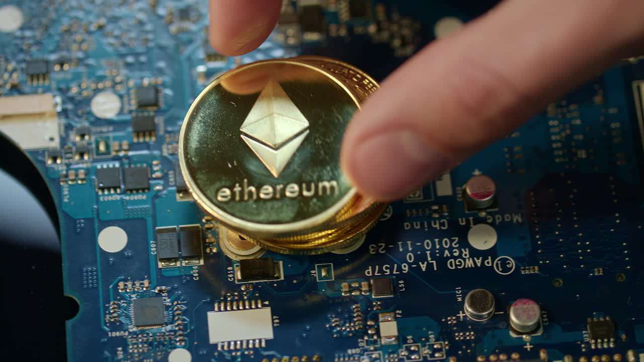 minería moderna de criptomonedas. monedas de oro bitcoin y ethereum en una placa de circuito
