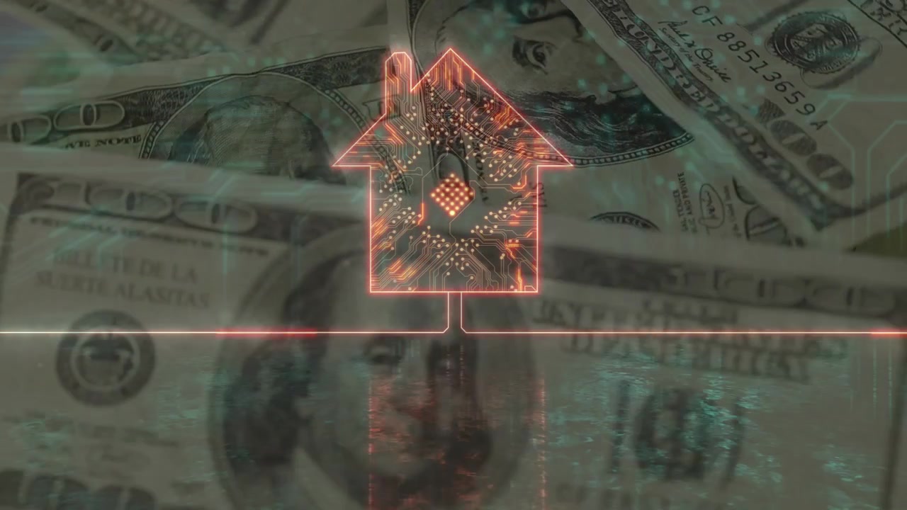 Een open neon huisicoon met een pulserende gloeilijn verlicht een geldachtergrond die verschuift, wat fintech symboliseert.