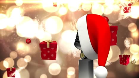 Animation-Einer-Weihnachtsmütze-Auf-Einem-Vintage-Mikrofon-Mit-Fallenden-Weihnachtsgeschenken