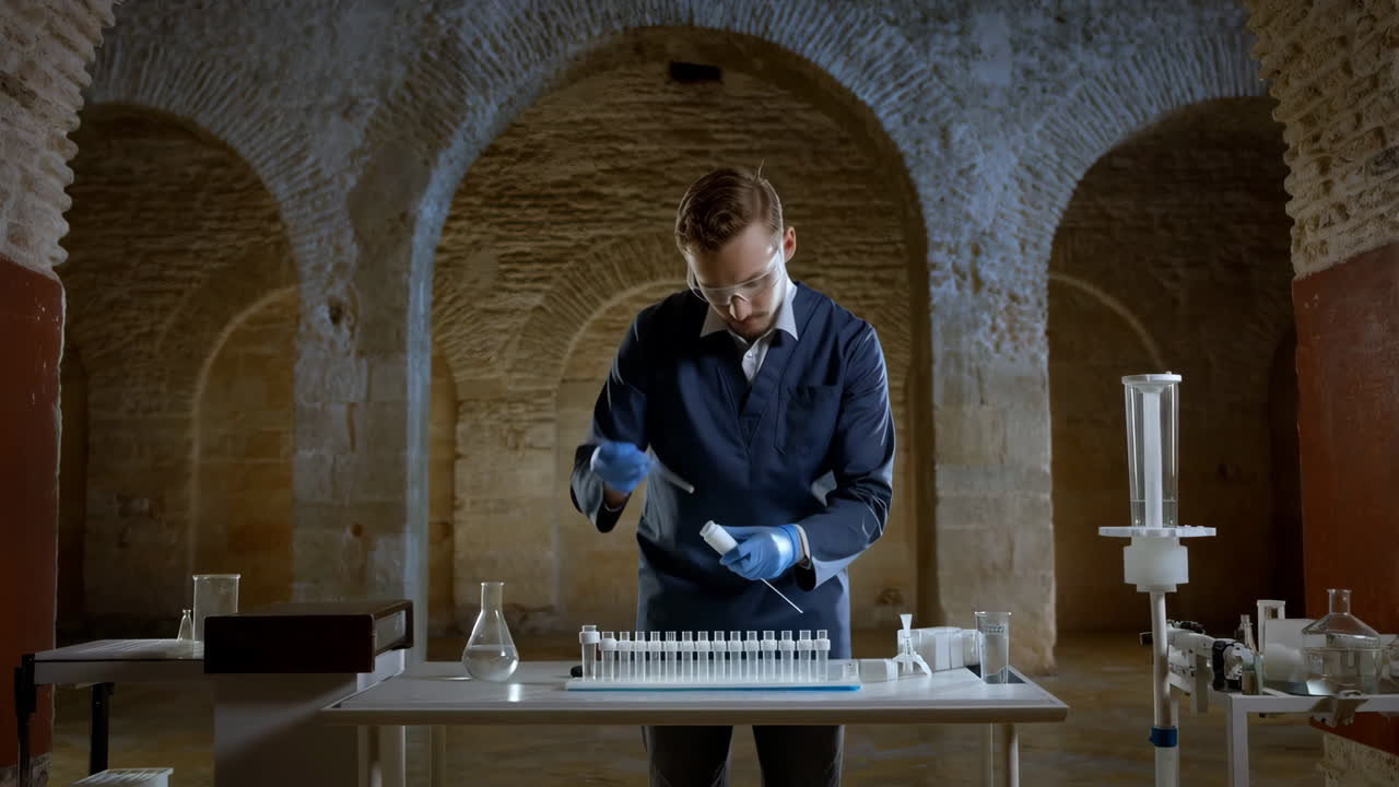 A scientist works with test tubes and laboratory equipment in an underground stone-arched laboratory