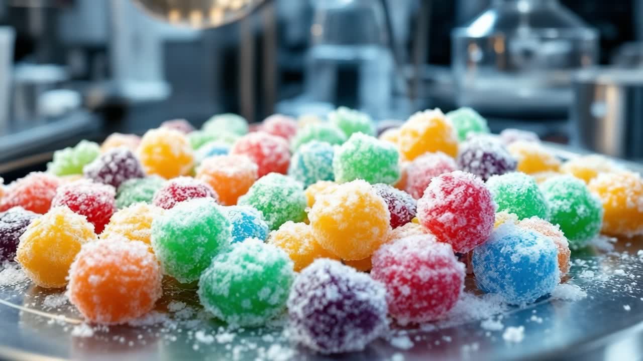 Bright, colorful jujube candies coated in sugar, sitting on a metal tray in a food processing lab, ready for quality control and packaging