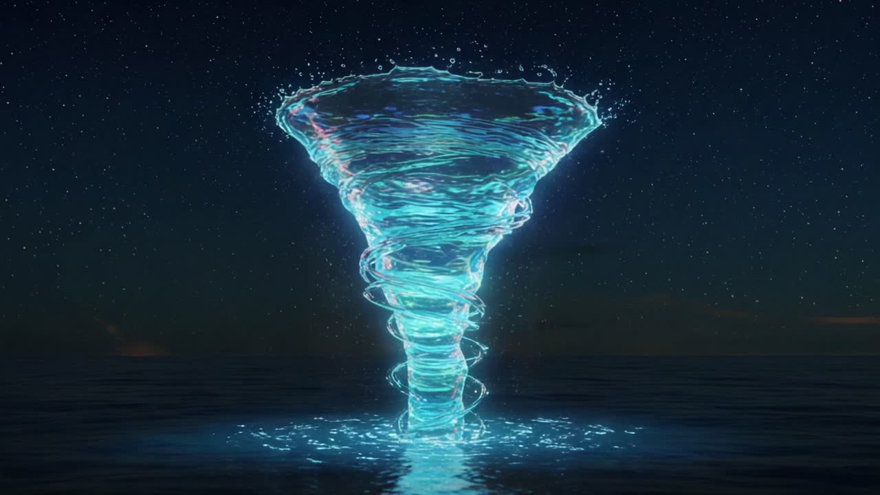 A Stunning Visual of a Spiraling Water Tornado Erupting from the Ocean, Capturing the Enigmatic Beauty of Nature's Forces in a Mesmerizing Display of Light and Liquid